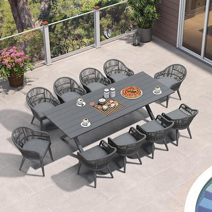PURPLE LEAF 11 Pieces Patio Dining Set with Outdoor Aluminium Dining Table and Woven Rattan Chairs Modern Metal Furniture Cushions Sets for Garden Yard Indoor Decor Kitchen Grey
