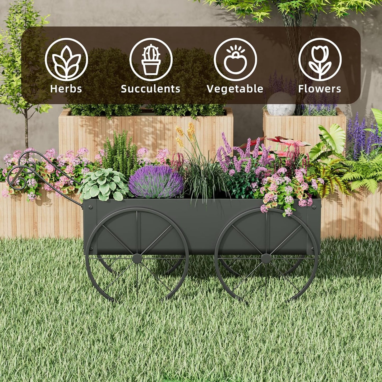 Metal Raised Garden Bed with Wagon Wheels, Small Wagon Planter Box Outdoor, Decorative Garden Planter Flower Cart for Flowers Herbs Vegetables, Patio and Balcony Decor (Black)