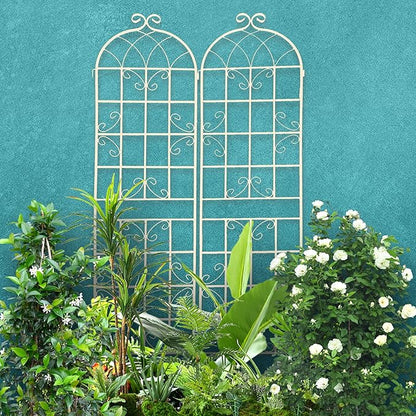 4 Pack Metal Garden Trellis for Climbing Plants Outdoor 86.7" H Cream White Garden Fence Rustproof Trellis Support Roses Flower Lawn, Off White