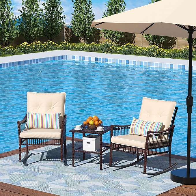 DECMICO 3 Pieces Patio Furniture Set, Wicker Rocking Chairs Bistro Set with Coffee Table, Outdoor Conversation Set for Garden and Balcony (Brown Rattan Beige Cushion)