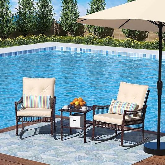 DECMICO 3 Pieces Patio Furniture Set, Wicker Rocking Chairs Bistro Set with Coffee Table, Outdoor Conversation Set for Garden and Balcony (Brown Rattan Beige Cushion)