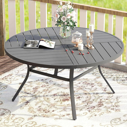 VICLLAX Round Patio Table with Adjustable Umbrella Hole for 8, All Weather Metal Outdoor Dining Table for Lawn Garden, 53.1" Outdoor Coffee Table, Grey Tabletop
