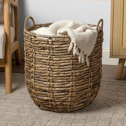 happimess BSK1003B Laurel 19.49" Bohemian Handwoven Abaca Hamper Basket with Handles, Brown for Storage and Decoration in Bathroom, Bedroom, Living Room