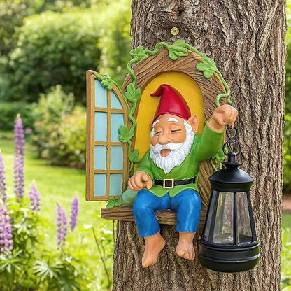 Gnome Statues Solar Lantern Whimsical Elf Out The Door Tree Hugger Figurines Tree Faces Decor Outdoor Fairy Garden Wall Art Decorations for Yard Patio Fence Ideal Gifts