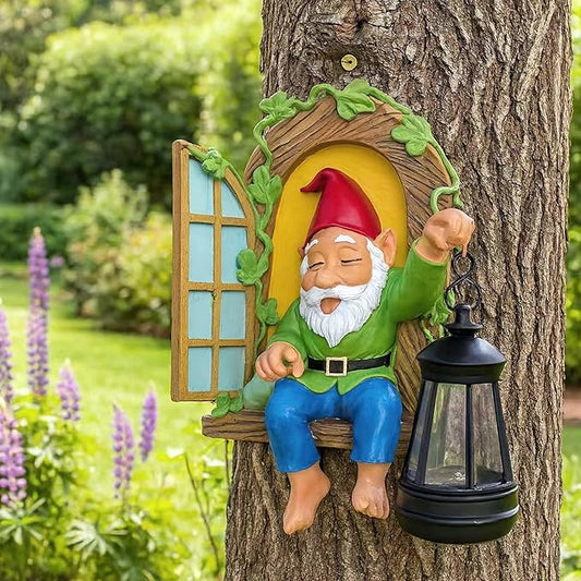 Gnome Statues Solar Lantern Whimsical Elf Out The Door Tree Hugger Figurines Tree Faces Decor Outdoor Fairy Garden Wall Art Decorations for Yard Patio Fence Ideal Gifts