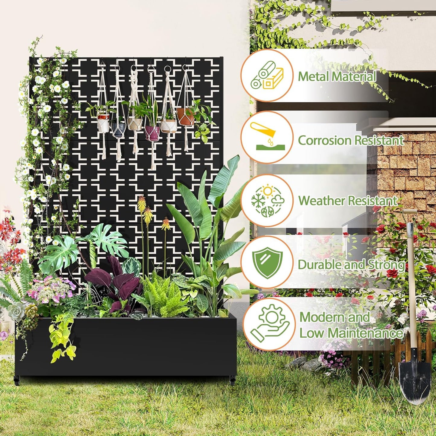 Raised Garden Bed with Trellis and Wheels,73"x47"x16" Metal Raised Garden Bed,Black Squared Metal Planter with Climbing Trellis for Vines & Vegetables