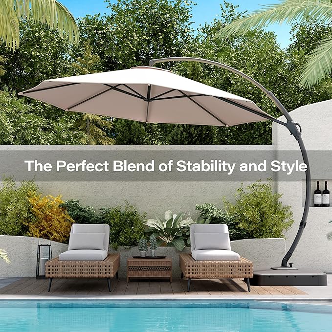LAUSAINT HOME Outdoor Patio Umbrella with Base included, 10 FT Deluxe Curvy Cantilever Umbrella Offset Hanging umbrella with 360° Rotation for Market, Pool, Garden, Backyard, Deck (Beige, 10 FT)