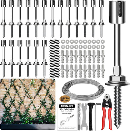 Wire Trellis for Climbing Plants Outdoor, 20-Set Wall Wire Trellis Kit with 5/64"(2mm) x 98ft Stainless Steel Cable & Cutter, T316 Espalier System for Fence and Garden DIY Projects