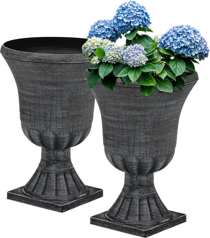 22" Large Urn Planters for Outdoor Plants, Set of 2 Plastic Flower Pot with Handmade Washed Black Finish, Weather-Resistant for Porch, Garden, Patio or Indoor Decor