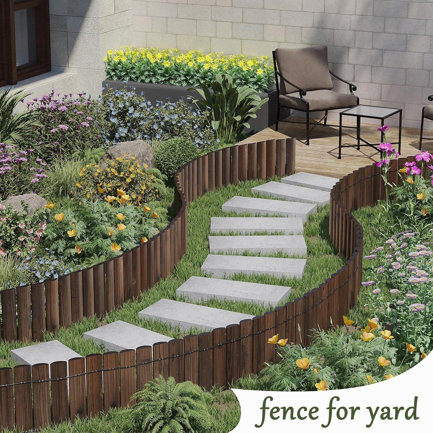 Wood Garden Edging Border Garden Fence Decorative Landscape Border Edging Planting Tree Fence Yard Patio Path Edging Landscape Edging Flower Bed Fences-11.8" H x 47.2" L (2PACK 8FT Total Length)