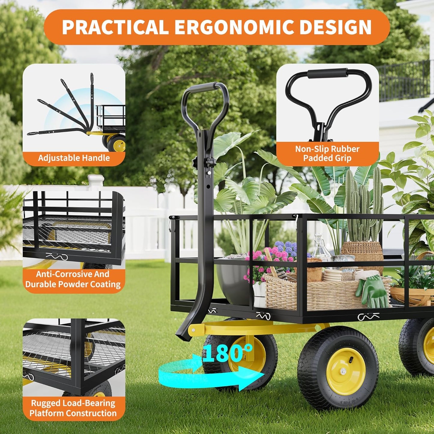3-in-1 Heavy-Duty Steel Garden Cart, 1200 Lbs Garden Wagon, with 13 Inch All-Terrain Tires and Removable Mesh Side Panels, 180° Rotating Handle, Metal Multi-Function Carts, Outdoor Gardens Wagon Cart