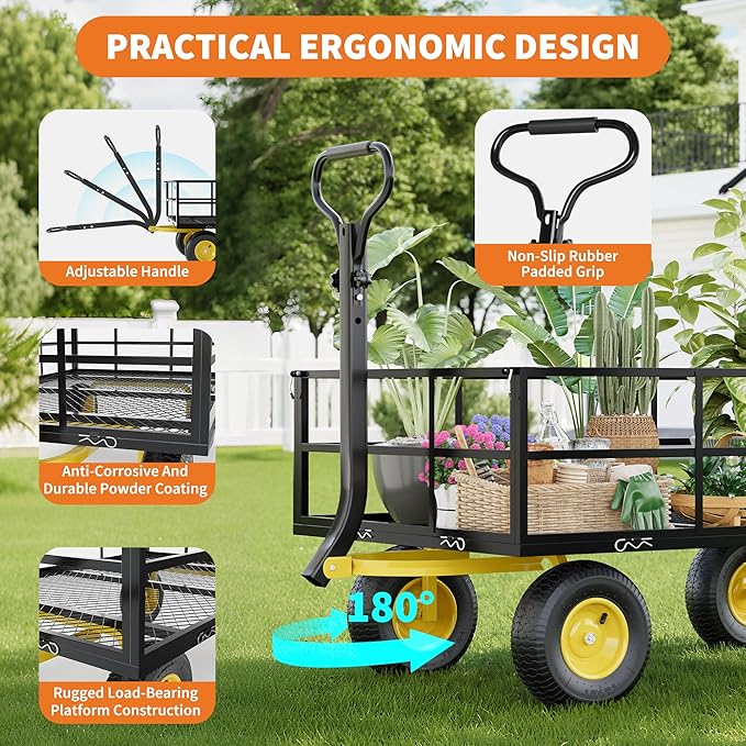 1400LB Capacity Garden Cart, 3-in-1 Heavy Duty Utility Wagon with 13" All-Terrain Tires, Removable Mesh Sides & 180° Swivel Handle - Outdoor Yard Cart for Gardening, Farming, Patio Use