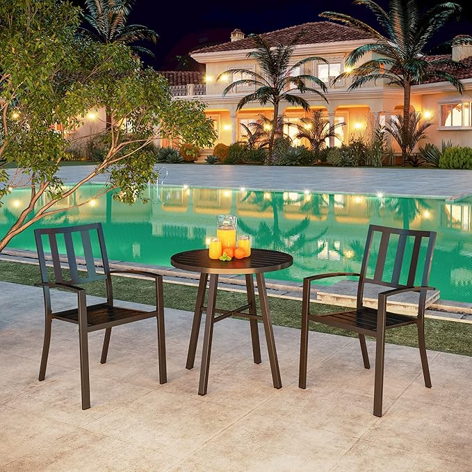 PHI VILLA 3 Piece Outdoor Patio Bistro Dining Set, Slatted Metal Round Table & 2 Patio Chairs, Outdoor Furniture Set for Porch, Deck