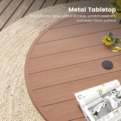 DIFY Outdoor Dining Table for 4 Person, 42"x 42" All Weather Round Patio Metal Table with 1.57" Umbrella Hole for Poolside Garden and Backyard, Walnut