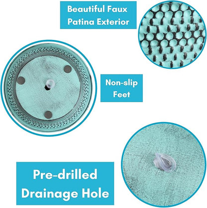 BIRDROCK HOME 2 Pack 9.5" Beaded Planter - Indoor or Outdoor Plant Flower - Flowers Plants Trees Porch Garden Pots - Rust and Weather Resistant - Faux Patina