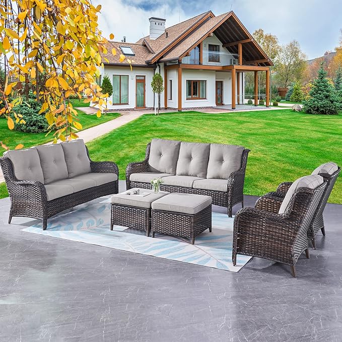 Rilyson Wicker Patio Furniture Set - 6 Piece Rattan Outdoor Sectional Conversation Sets with 2 Sofa,2 Armrest Chairs and 2 Ottomans for Porch Deck Garden(Brown/Grey)
