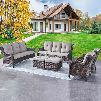 Rilyson Wicker Patio Furniture Set - 6 Piece Rattan Outdoor Sectional Conversation Sets with 2 Sofa,2 Armrest Chairs and 2 Ottomans for Porch Deck Garden(Brown/Grey)