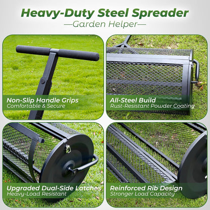 Walensee 44 Inch Compost Spreader Peat Moss Spreader with Side-Latch Design, Upgraded Large-Capacity Metal Mesh Roller for Lawn and Garden Care, Durable Manure Spreader for Seeding and Fertilizing
