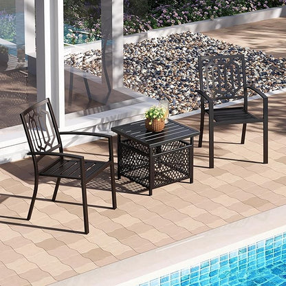 PHI VILLA 3 Piece Outdoor Bistro Set for 2, 22" Wrought Iron Square Table with Umbrella Hole & Stacking Metal Chairs, Small Furniture Conversation Set for Porch, Deck, Balcony, Patio, Yard - Black