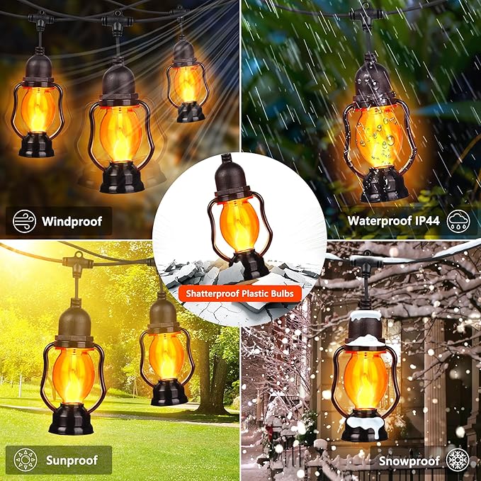 Christmas Flame String Lights , 21FT Indoor Outdoor String Lights with 10 Flickering Flame Bulb, Timer, Waterproof LED Outdoor Decorative Orange Lights for Patio, Yard, Bistro, Porch, Garden Decor
