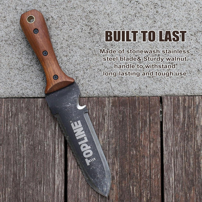 TOPLINE Hori Hori Garden Knife with Oxford Sheath, 7" Stainless Steel Blade with Cutting Edge, Full Tang Walnut Handle with Hanging Hole, Multifunctional Garden Tools for Weeding, Planting, Cutting