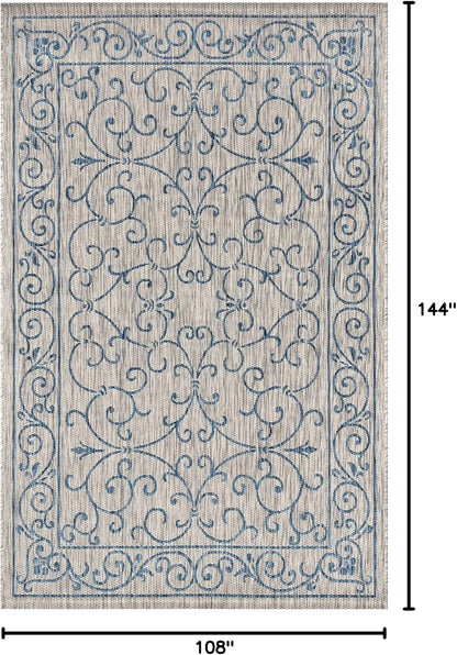 JONATHAN Y SMB106C-9 Charleston Vintage Filigree Textured Weave Indoor Outdoor Area Rug Classic Coastal Easy Cleaning Bedroom Kitchen Backyard Patio Non Shedding, 9 X 12, Gray/Navy