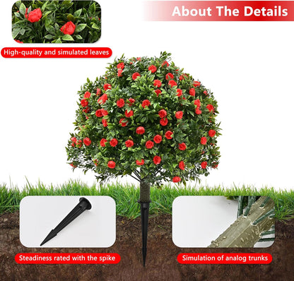 28" Artificial Boxwood Topiary Tree with Rose, Set of 2 Artificial Shrub Bushes with Ground Spike, Fake Evergreen Tree for Porch, Artificial Plants for Outdoor Planters Indoor UV Resistant