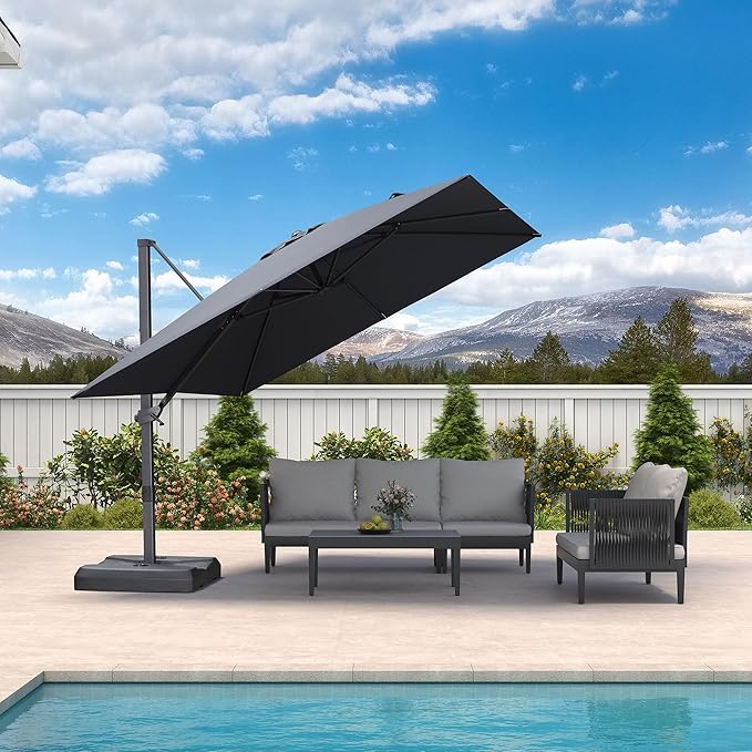 PURPLE LEAF 10' × 10' Patio Cantilever Umbrella Outdoor Square Adjustable Offset Umbrellas with 360-degree Rotation and 8 Heavy Duty Metal Ribs for Garden Deck Pool Gray