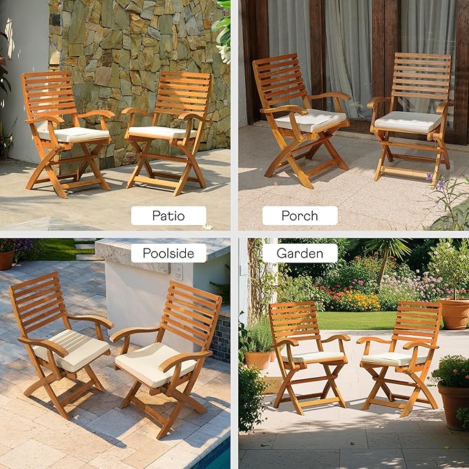 IDZO, Percy Chairs Heavy Duty 400lbs Capacity Set of 2 w/Cushion, FSC Acacia Outdoor Furniture, Teak Finish, Fully Assembled, Wood Folding_Beige