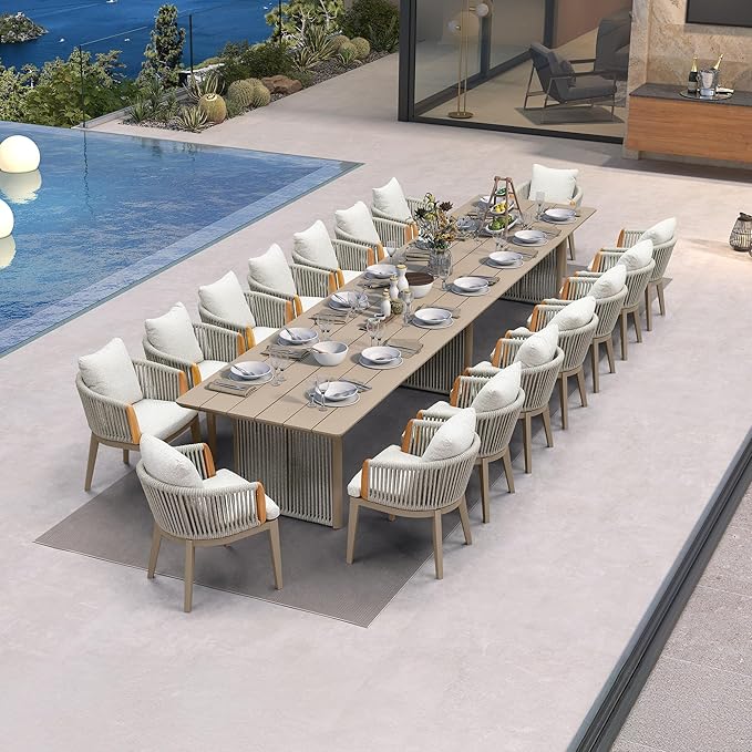 PURPLE LEAF 17 Pieces Outdoor Dining Set for 16, Aluminum Outdoor Patio Table and Chairs Set with Olefin Cushions, All-Weather Patio Dining Set for Garden or Deck, Beige