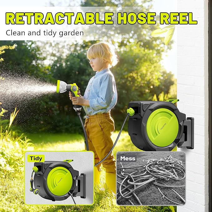 Retractable Garden Hose Reel,5/8 in x 110 ft Wall Mounted Garden Hose Reel,UV Resistant with 10 Pattern Nozzle,Any Length Lock, Slow Return System,180°Swivel Bracket(Green)