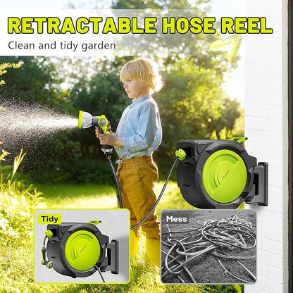 Retractable Garden Hose Reel,5/8 in x 110 ft Wall Mounted Garden Hose Reel,UV Resistant with 10 Pattern Nozzle,Any Length Lock, Slow Return System,180°Swivel Bracket(Green)