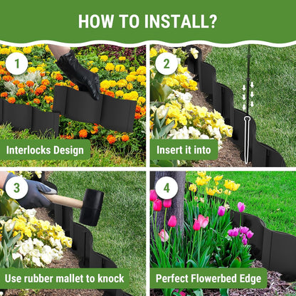 Mars Villa 30FT Landscape Edging Border, Interlocking Landscape Edging 5.9 in Garden Edging No-Dig Plastic Flower Bed Border for Yard, Lawn, Flower Bed, Fence, Pathway (Black,24Pcs)