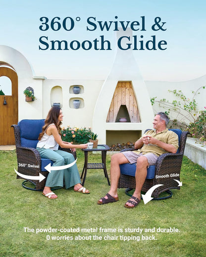 HILLGA Luxury Outdoor Swivel Rocker Patio Chairs of 2 with 6 Inch Thick Cushions and Side Table, Swivel Outdoor Chairs 3PCS High Back Wicker Patio Furniture Set for Porch, Balcony, Deck in Blue