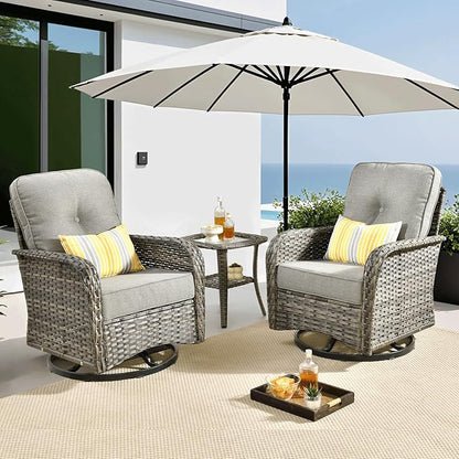 ovios 3 Pieces Patio Furniture Set, Outdoor Rocking Chairs of 2, Wicker Swivel Glider Chairs with Side Table Thick Cushions, All Weather Rattan Bistro Set for Porch, Dark Grey