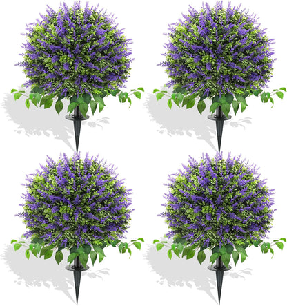 28" Artificial Boxwood Topiary Ball with Lavender, UV Resistant Topiary Tree Faux Boxwood Ball Shaped Porch Bushes with Ground Spike Artificial Bushes for Outdoors Front Door Decor Home Garden