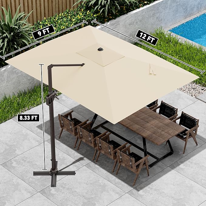 9' X 12' Cantilever Patio Umbrella 360°Rotation Rectangular Outdoor Large Offset Umbrellas Heavy Duty Windproof for Garden Deck Pool Backyard, Beige