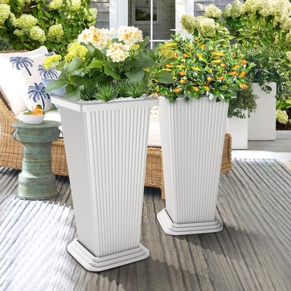 Set of 2 Large Tall Planter for Indoor or Outdoor 24" Flower Pots Tapered Tall Planters with Tray for Porch, Patio, Backyard, Large Planters for Outdoor Indoor Plants(White,Striped)