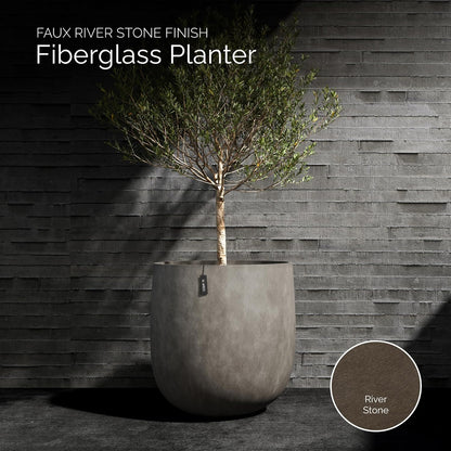Mondo Large Planter – River Stone Finish – Fiberglass Indoor/Outdoor and Weather-Resistant Round Planter (39.4" D x 39.4" H Exterior, 37.8" D x 39.4" H Interior)