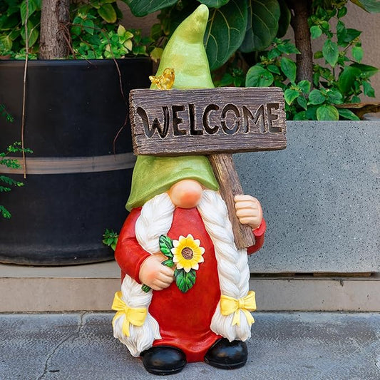 22" Solar Large Gnome Lady Garden Statue Big Female Gnome with Welcome Sign Outdoor Decor with LED Lights Home Porch Yard Patio Lawn Ornament Christmas Housewarming Gardening Gift