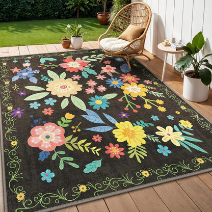 GENIMO Indoor Outdoor Area Rug 5' X 7' Waterproof, Washable Patio Rug Non Shedding, Easy Cleaning Floral Outdoor Carpet for Living Room, Bedroom, Dining Room, Balcony, Backyard, Deck, RV, Black