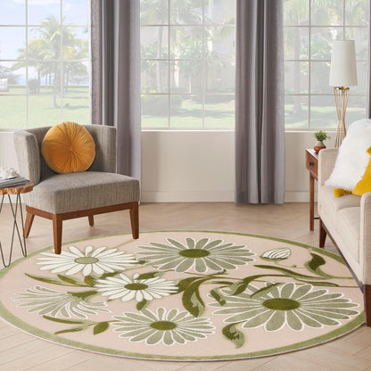 Nourison Home Aloha Indoor/Outdoor Ivory Green 5'3" x Round Area Rug, Easy-Cleaning, Non Shedding, Bed Room, Living Room, Dining Room, Backyard, Patio, Deck (5 Round)