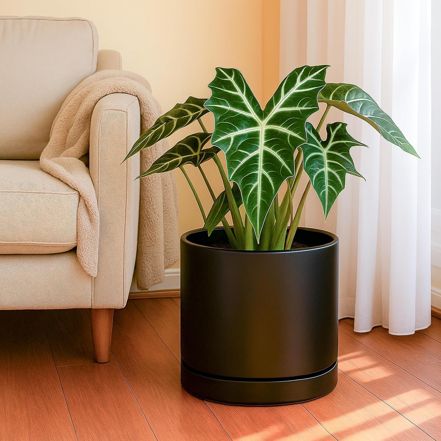 D'vine Dev 8.2 Inch & 10 Inch Ceramic Planter Pot for Plants with Drainage Hole and Saucer, Large Plant Pots Set, Black, 94-G-L-2