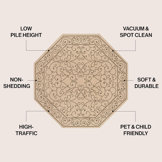 JONATHAN Y SMB106A-8TGN Charleston Vintage Filigree Textured Weave Beige/Brown 8' Octagon Indoor/Outdoor Area Rug, Non-Shedding, Stain Resistant,Fade Resistant, Easy-Cleaning for Backyard Patio, Porch