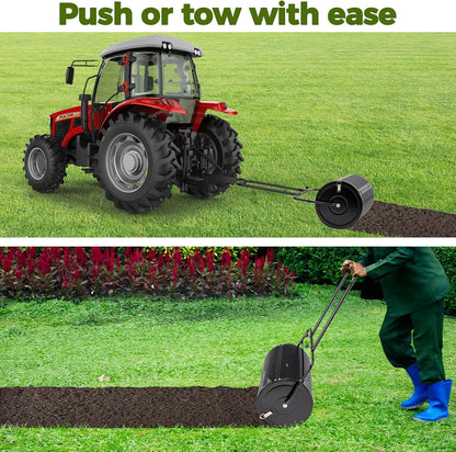 Outvita Compost Spreader and Peat Moss Spreader, 24" Push/Tow-Behind Roller Lawn Spreader with Steel Mesh Basket Garden Spreader for Spreading Manure Mulch Topsoil