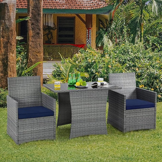 HAPPYGRILL 3PCS Outdoor Wicker Bistro Set Space-Saving PE Rattan Dining Table Set with Cushioned Chairs, Patio Conversation Set for Backyard Porch Garden and Poolside