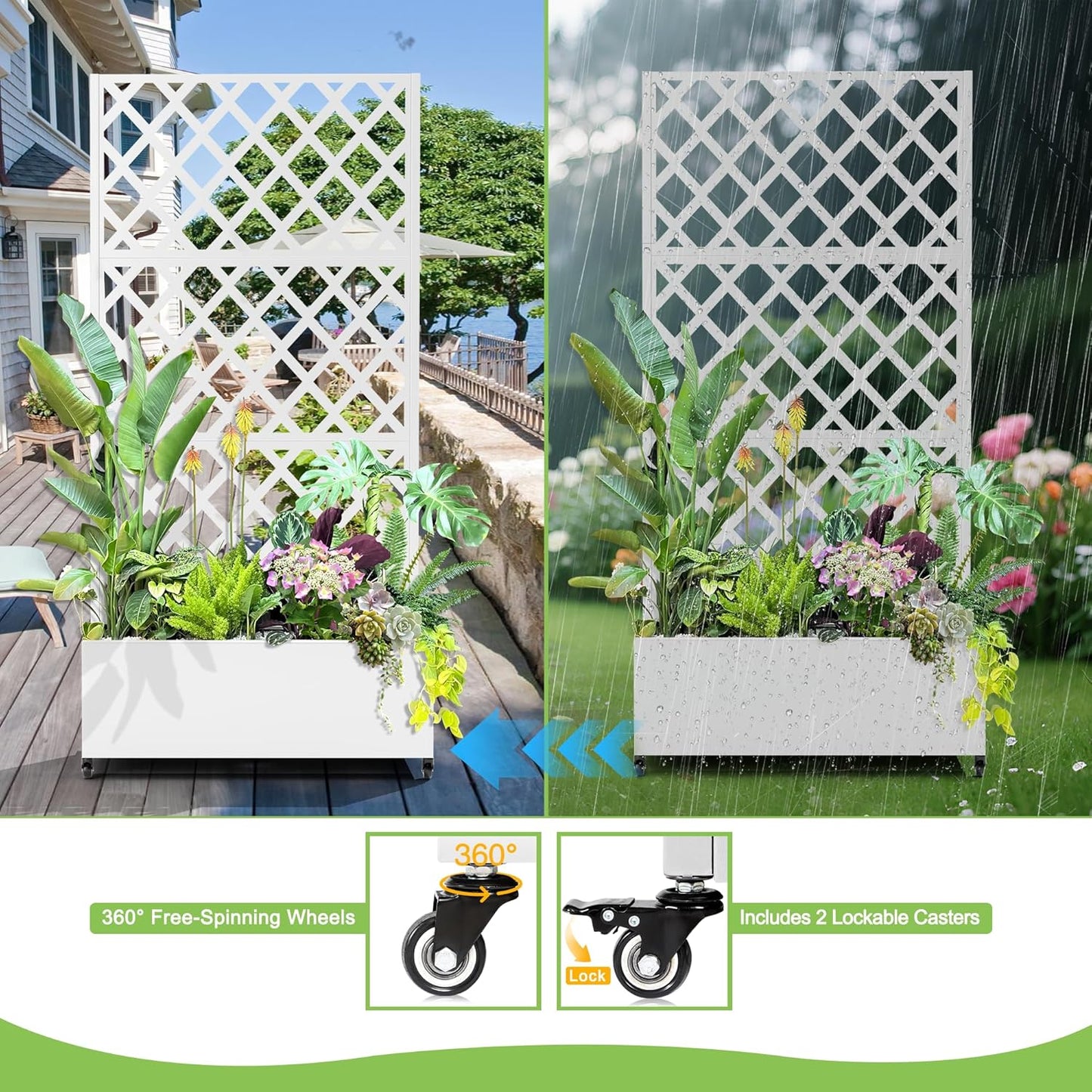 Metal Planter Trellis Box with Wheels & Drain Plug Outdoor Raised Garden Bed Patio Privacy Screen with Planter for Climbing Plants, Vegetables 73"x35"x16" White-Diamond