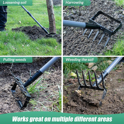 Suchtale 82 Inch Stirrup Hoe and 5-Tines Rake, Action Hoe for Weeding, 2 in 1 Scuffle Hoe with 37-82"Adjustable Handle, Hula Hoe Cultivator for Loosening Soil, Loop Hoe for Garden Weeding and Planting