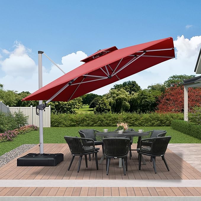 PURPLE LEAF 11 FT Cantilever Patio Umbrellas with Base Included, Large Square Offset Umbrella with 360° Rotation, Outdoor Aluminum Pool Umbrella for Pool Lawn Garden, Terra