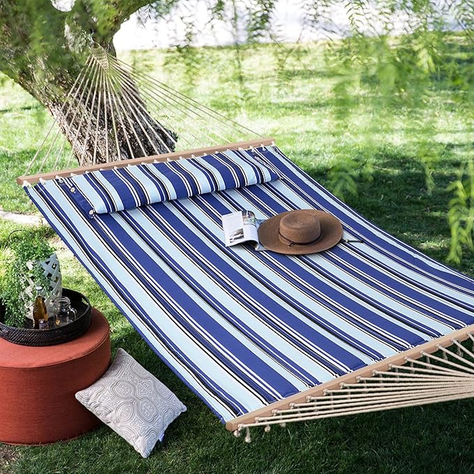 SUNCREAT Hammocks Quilted Fabric Hammock, Double Hammock with Spreader Bar, Soft Pillow, Max 475lbs Capacity, Blue Stripes